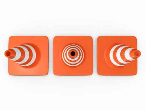 Three orange highway traffic cones with white stripes, top view, isolated on white background.