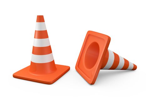 Group of orange highway traffic cones with white stripes, one is falled down, isolated on white background.