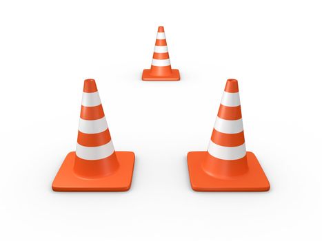 Group of orange highway traffic cones with white stripes, isolated on white background.