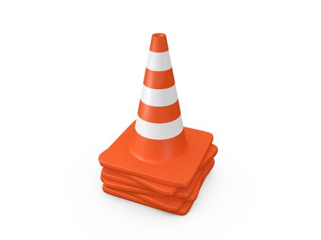 Group of orange highway traffic cones with white stripes, isolated on white background.