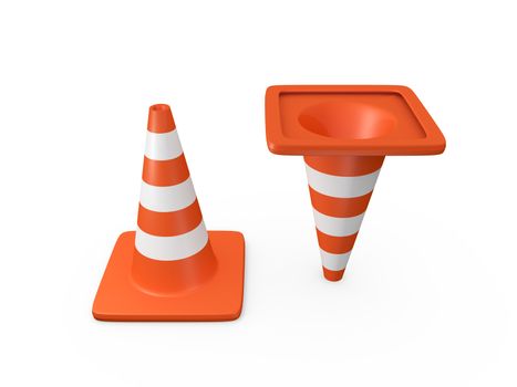 Group of orange highway traffic cones with white stripes, one is reversed, isolated on white background.