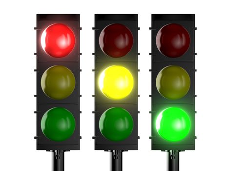 Traffic lights with red, yellow and green light glowing on standing pylon, isolated on white background.