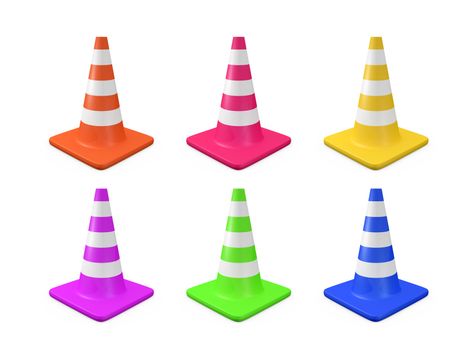 Various colors highway traffic cones with white stripes, isolated on white background.