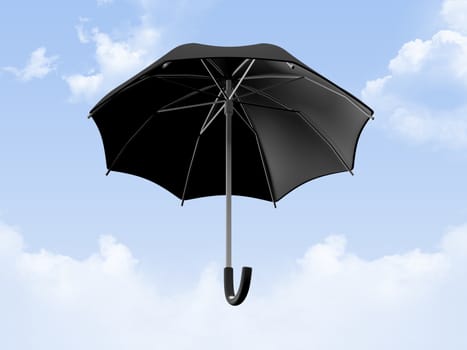 Black open umbrella against bright cloudy sky, fly on blue air.