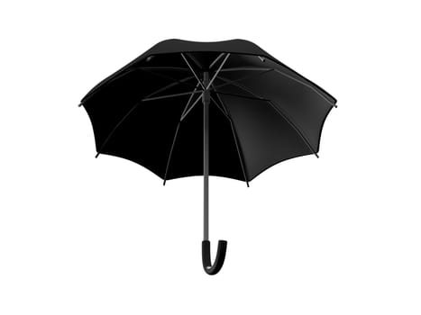 Black open umbrella flying on air, isolated on white background.