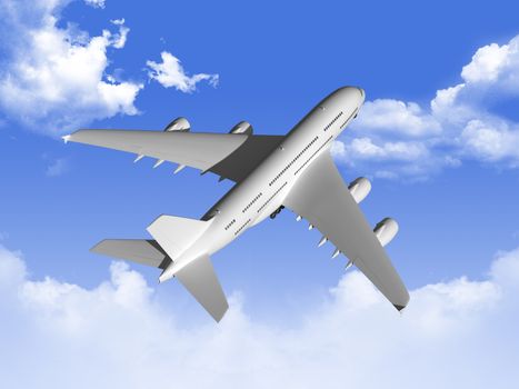 Flying commercial airplane against blue cloudy sky, top view.