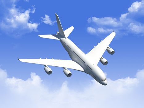 Airplane flying in the blue cloudy sky.