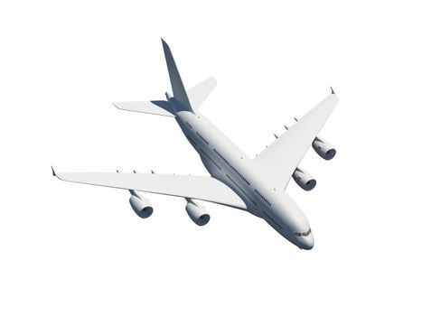 Flying commercial airplane, isolated on white background.