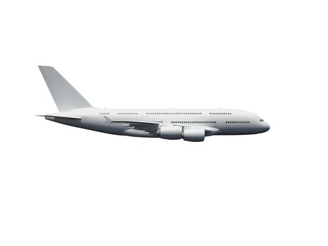 Flying commercial airplane against blue cloudy sky, top view.