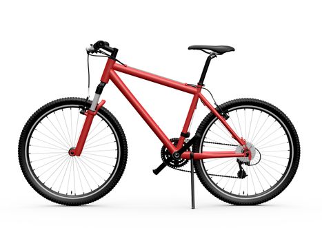 Red standing mountain bicycle, isolated on white background.