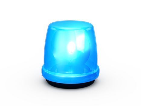 Blue flashing and glowing emergency police light, signal for attention, isolated on white background.