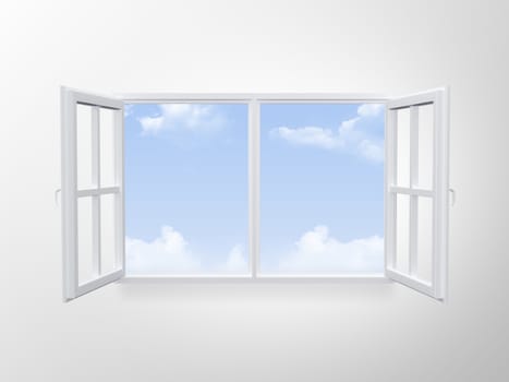 Modern window on cloudy blue sky.