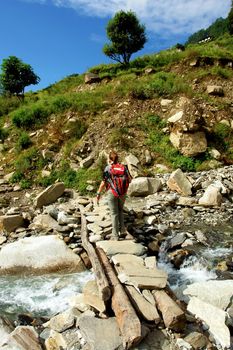 Trekkers in the Himalayan mountains, Annapurna conservation region, Nepal