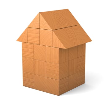 House made of wooden cubes isolated on white background