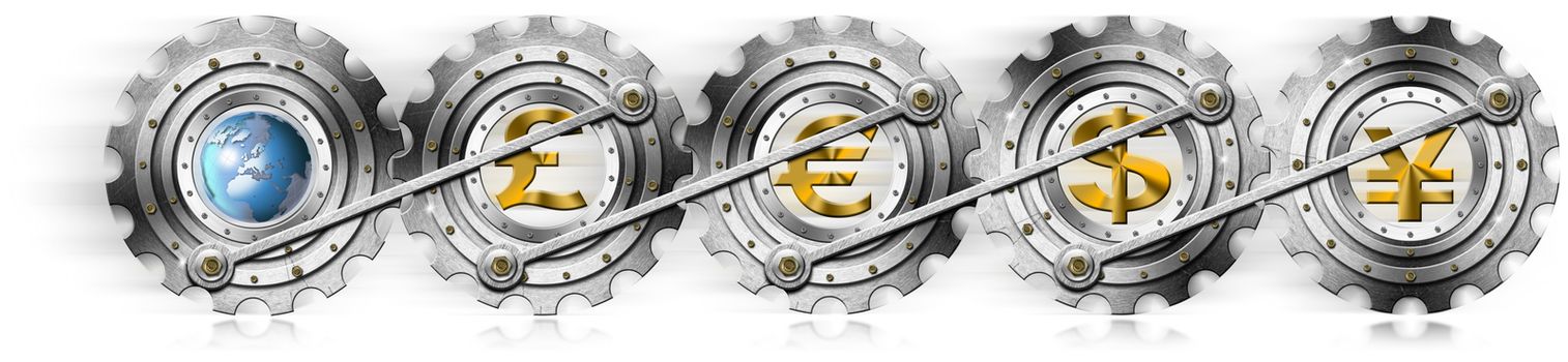 4 currency symbols euro pound dollar yen and globe in metal gears
