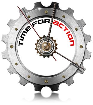 Metal clock gear-shaped with written time for action on a white background
