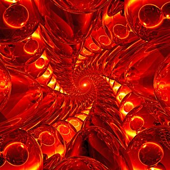 Deep tunnel of red and yellow glass balls. High resolution 3D image