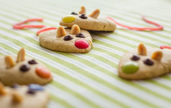 Cookies with mouse shaped and red licorice tail over green striped tablecloth