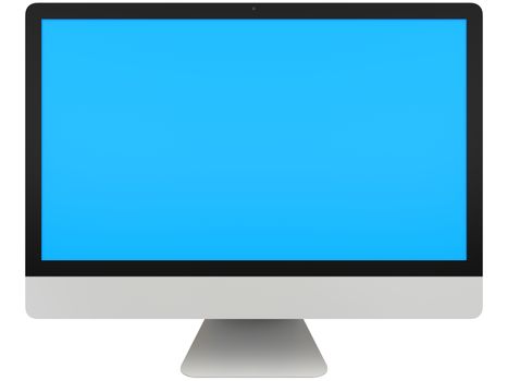 Modern desktop computer with blue screen isolated on white background