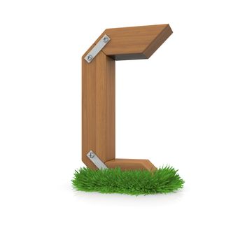 Wooden letter C in the grass. Isolated render with reflection on white background. bio concept