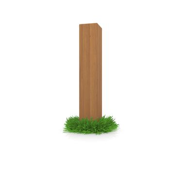 Wooden letter I in the grass. Isolated render with reflection on white background. bio concept