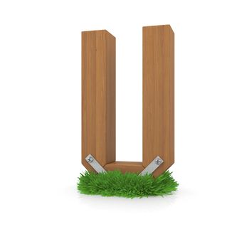 Wooden letter U in the grass. Isolated render with reflection on white background. bio concept