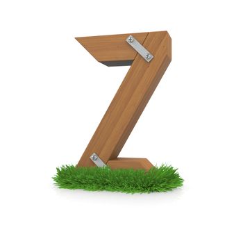 Wooden letter Z in the grass. Isolated render with reflection on white background. bio concept