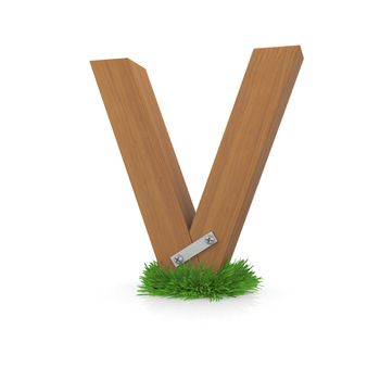 Wooden letter V in the grass. Isolated render with reflection on white background. bio concept