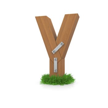 Wooden letter Y in the grass. Isolated render with reflection on white background. bio concept