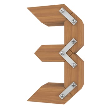 Wooden number three. Isolated render on a white background