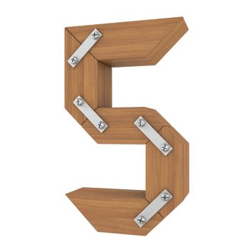 Wooden number five. Isolated render on a white background