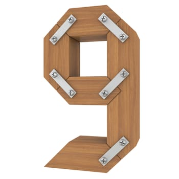 Wooden number nine. Isolated render on a white background