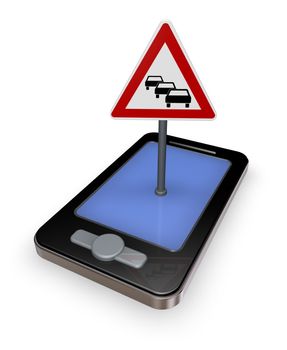 smartphone with road sign traffic jam on white background - 3d illustration