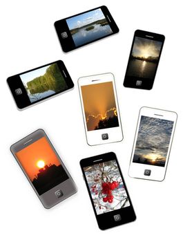 modern mobile phones with different photo of nature
