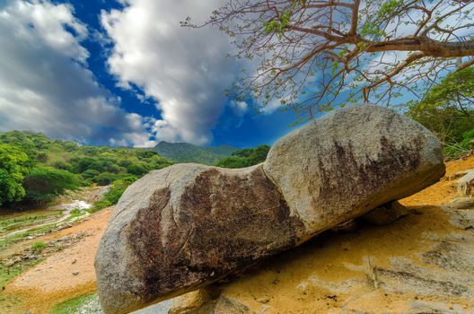 View of boulder that is important in Wayuu indigenous mythology in La Guajira, Colombia