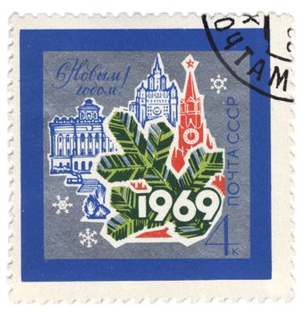 USSR - CIRCA 1968: stamp printed in USSR shows New Year symbols, devoted to the New Year 1969, circa 1968