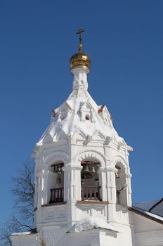 Bell tower of St. Paraskeva church in Sergiev Posad, Russia. Sunny winter day