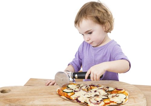 girl using pizza cutter . one person in studio shot isolated on white background
