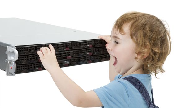 child opening hot swap tray on modern network server. isolated on white background