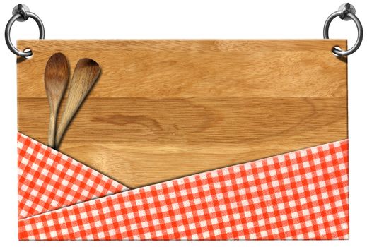 Cutting board with red checked tablecloth and two wooden spoons or ladles hanging on to two steel ring isolated on white