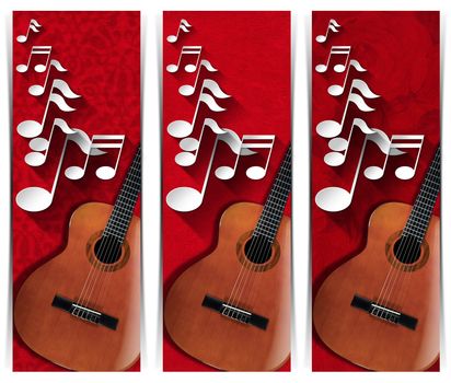 White and gray musical notes and acoustic guitar on red velvet background with shadows
