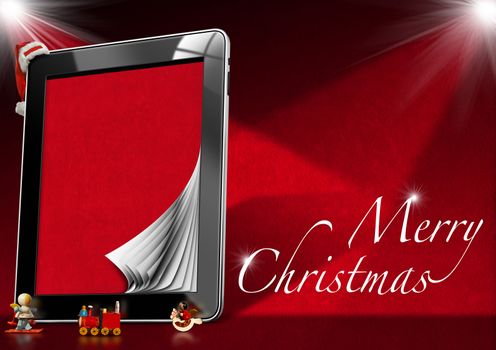 Tablet computer with red velvet pages, Christmas objects with word Marry Christmas on red velvet background
