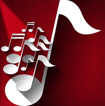 White and gray musical notes on red velvet background with shadows