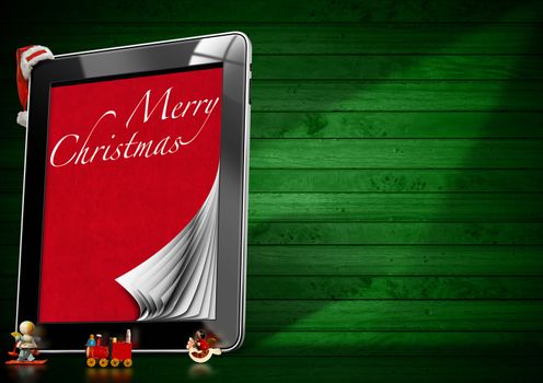 Tablet computer with pages, Christmas objects with red velvet and word Marry Christmas on green wooden wall
