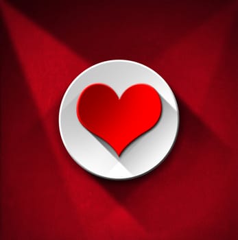 Stylized red heart with white circle on red velvet background with shadows