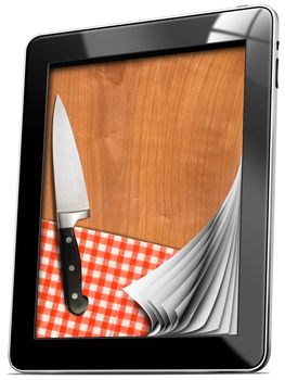 Black tablet computer with cutting board, red checked tablecloth and kitchen knife isolated on white 
