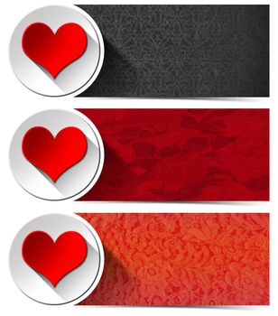 Set of three romantic banners with floral texture, stylized red heart and white circle
