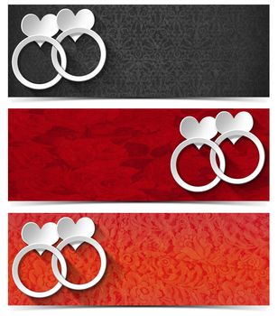 Set of three romantic banners with floral texture, stylized white hearts and wedding rings
