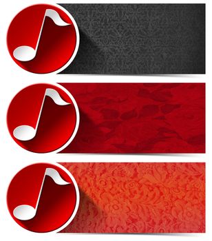 Set of three musical banners with floral texture, stylized white note and red circle
