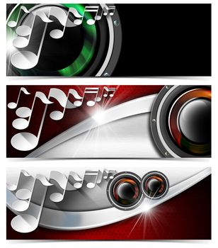 Set of three musical banners with metal texture, woofers and stylized white musical notes

